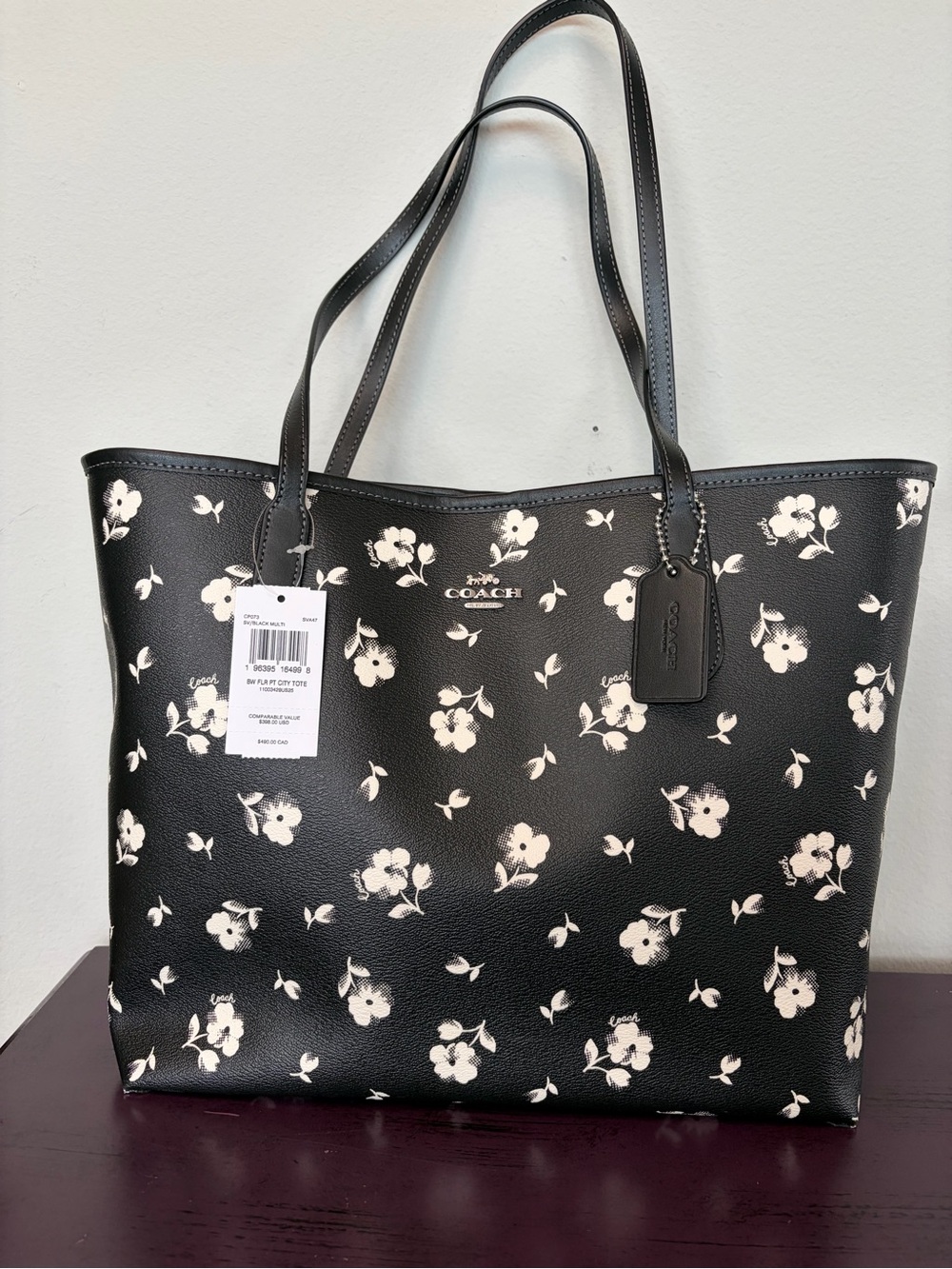 COACH City Tote Black with White Floral Print